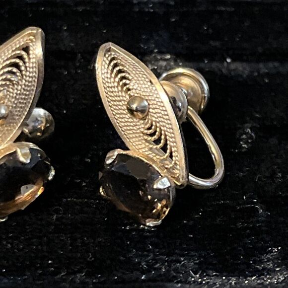 Vintage 1/20 12k Gold Filled Filigree Smoky Quartz Screw Back Earrings - Picture 3 of 6